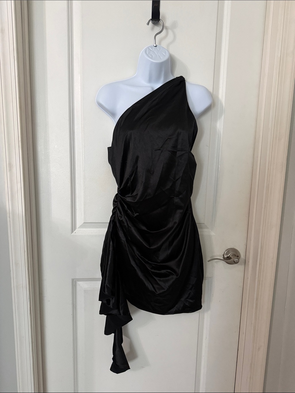 One-Shoulder Black Satin Draped Mini Dress